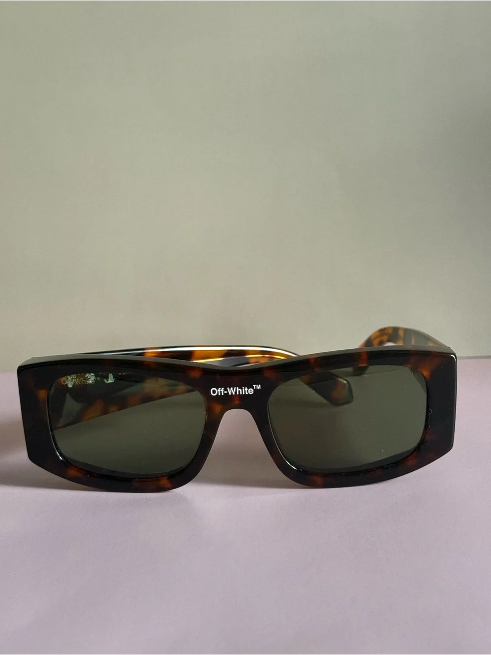 Off-White Rectangular Tortoiseshell Sunglasses with Green Lenses